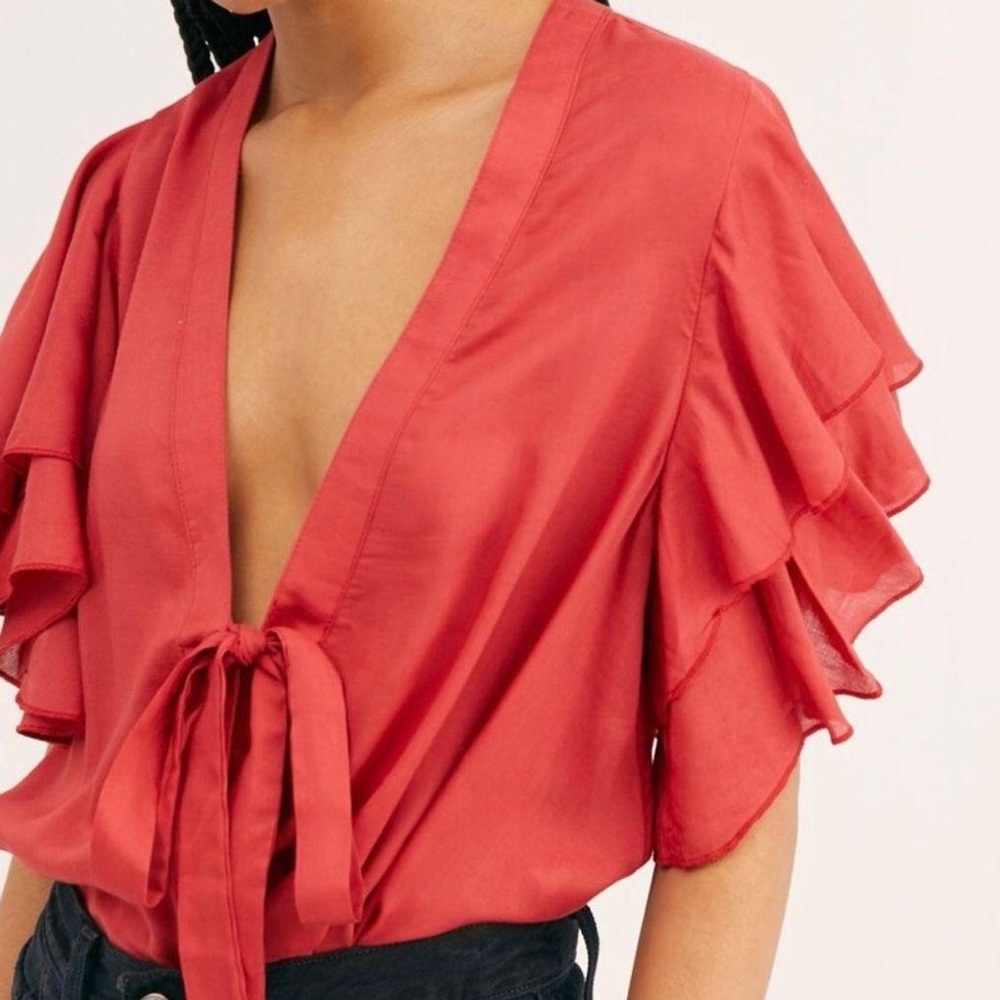 Free People Call Me Later Red Orange Wrap Bodysuit